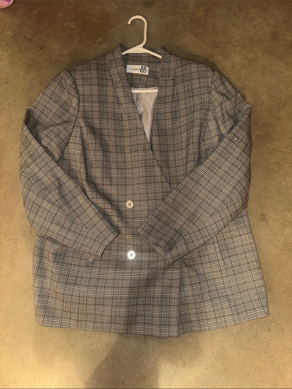 Calvin Klein Double-Breasted Plaid Blazer in Gray and Black